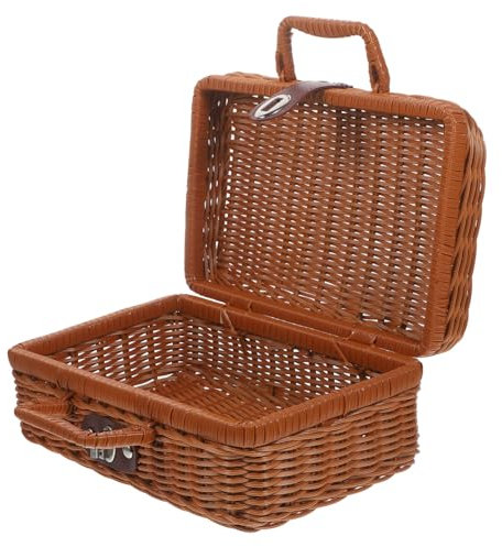 BCOATH Caja De Almacenamiento Vintage De Ratán Imitado Estuche Mano Caja Decorativa Tapa para Cosméticos y Picnic