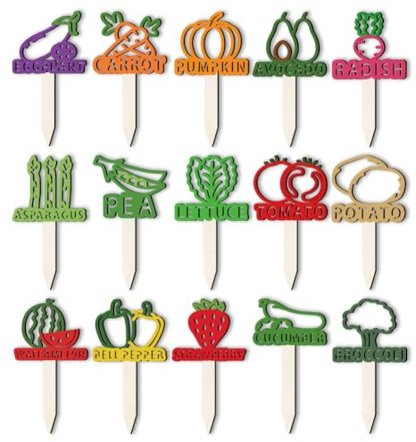 arricraft 15 Pcs Wood Vegetables Shape Labels, 15 Styles Colorful Plant Hollow Garden Signs with Pattern Words Fruit Markers for Indoor Outdoor Potted Seed Patio Supplies 12x6.5cm(4.7x2.6inch)