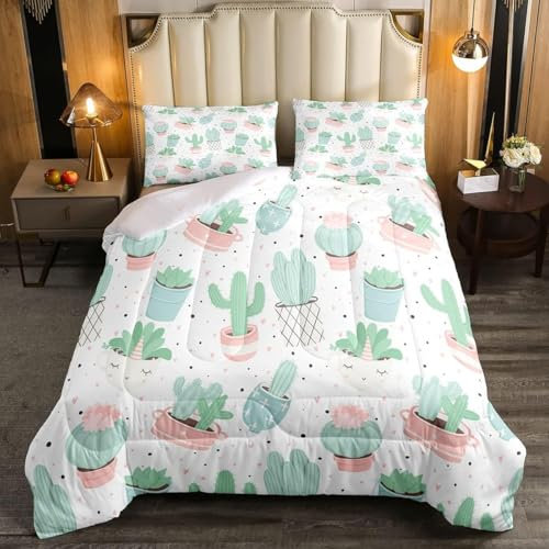 Feelyou Cute Cactus Comforter for Girls Kids Bedroom Women Boho Succulent Bedding Set Toddler Tropical Botanical Comforter Set Pink Green Decor Quilted Duvet Insert (1 Comforter + 1 Pillow Case)