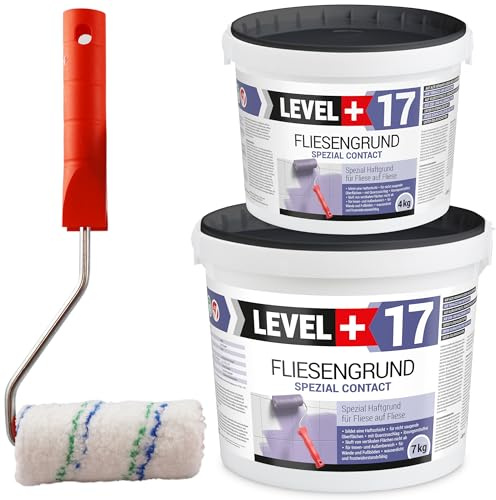 Level + 17 Fliesengrund Spezial Contact für Fliese auf Fliese - Spezial-Haftgrund mit Quarzsand für Fliesen, Glasmosaik, Naturstein - Grundierung für Innen & Außen - Lösemittelfrei - 11kg & Farbroller