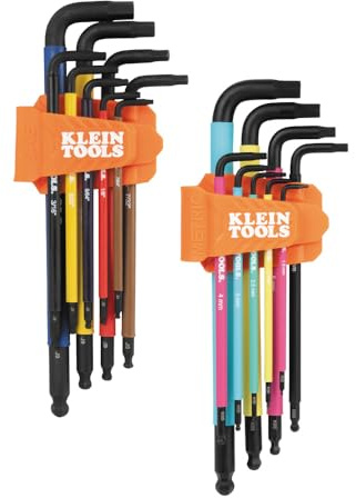 Klein Tools BLS18 Hex Key Wrench Set, Color Coded, SAE and Metric, Heat-Treated, L-Style, Long Arm and Ball End, 1/16-Inch to 3/8-Inch and 1.5 mm to 10 mm, 18-Piece