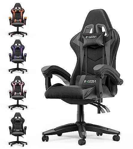 bigzzia Gaming Chair Ergonomic Computer Chair Reclining PU Leather High Back Video Game Chair with Headrest Adjustable Lumbar Support Linkage Armrest- Grey
