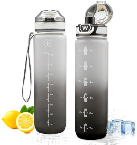 NAVTUE Trinkflasche, 1l Wasserflasche mit BPA-frei, Zeitmarkierungen, Auslaufsicher Sport trinkflasche für Fitness, Radfahren, Büro, Laufen, Fitnessstudio, Yoga (SchwarzGrau)