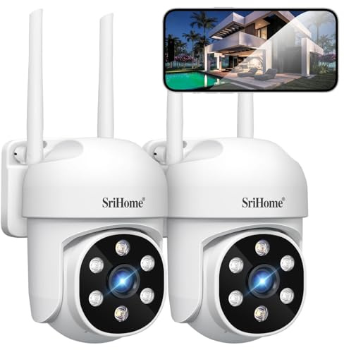 SRIHOME 1080P WiFi Monitoraggio PTZ telecamera IP rilevamento umanoide e monitoraggio del movimento Visione Notturna IP66 impermeabile all'acqua (2 Pacchetto di unità)