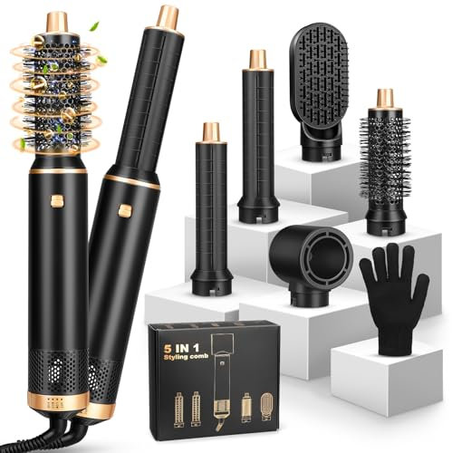 Hair Styler 5 in 1, Hot Air Stylers Hair Dryer Set-with Curlers, Straighten, Volumise and Hairdryer Brushes for Styling, for All Hair Types Negative Ion Hair Care (Black)