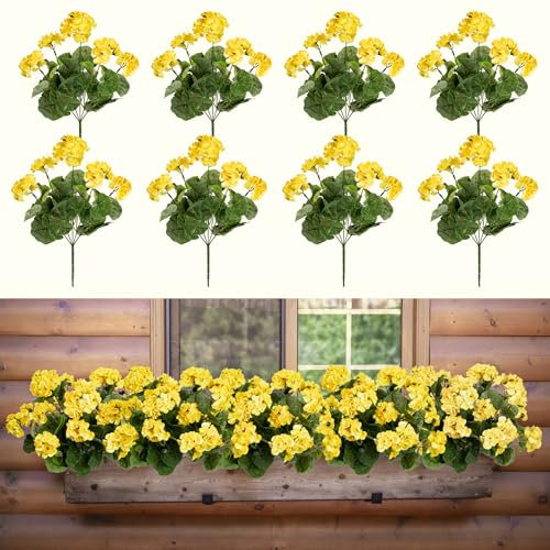 Uqueeten Künstliche Pflanzen, künstliche Geranien, künstliche Blumen, Kunstblumen, Kunstblumen, Seidenstrauß, Herbstdekoration für Innenbereich, Veranda, Garten, Dekoration, 36,6 cm, Gelb, 8 Stück