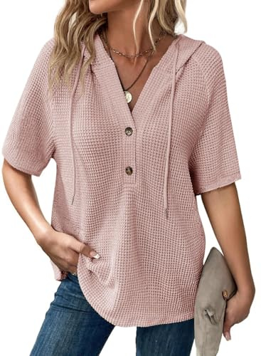 Sthxyfaith Dam sommar off-the shoulder-toppar för kvinnor våffelstickade kortärmad t-shirts ledig lös elegant korsband lätt mjuk enfärgad blusar söt trendig mode, Typ a Röd, XXL