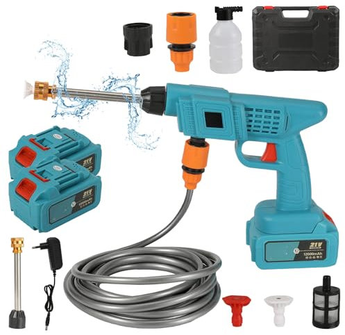 Limpiador de alta presión portátil con 2 baterías de 12000 mAh, limpiador de alta presión portátil de 21 V, 30 bares con manguera de 10 m, jarra de espuma, para lavar coches, alfombras, riego (24000