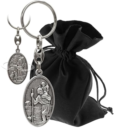 Lunexus Christophorus Schlüsselanhänger Metall - Silber, 4,6 cm | Doppelseitige Prägung Christophorus & Schutzengel - für Auto, Motorrad, Reisende, Pilger - mit Zertifikat, Samtsäckchen