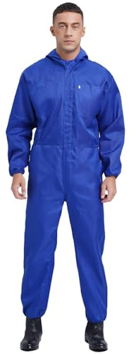 Mufeng Herren Arbeitsoverall Kapuze Schutzanzug mit Antistatischer Ganzkörperanzug Mechaniker Latzhose Overall Jumpsuit Arbeitsanzug Werkstatt Arbeitskleidung Blau 4XL