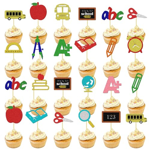 24-teilige Kuchendekorationen für die Schulanfangsparty, Cupcake-Topper für den Vorschulabschluss, süßes Glitzerpapier-Dekorationszubehör, Willkommensdekoration für den Schulanfang, Cupcake Toppers