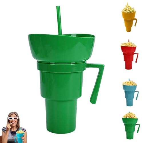 Cup Bowl Combo, 2-in-1 Snack Drink Cups, Leak-Proof Popcorn, 3 Pack Stadium Tumbler with Snack Bowl, Tumbler Popcorn Cup for Travel Movie Night Reusable Multifunction Cups for Adults Kids (Green)