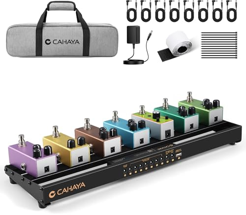 CAHAYA Gitarren Pedalboard mit Netzteil, Aluminiumlegierung, 0,86 kg | Anwendbar für Gitarristen bei Üben, Proben & Live: 48,5 × 13,2 cm, 10° Neigung; 9/12/18 V, USB, Tasche, 8 Kabel & Klettband