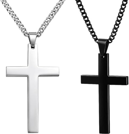 2 Pack Cross Necklace for Men and Women, Black and Silver Crucifix Pendant, 24 Inch Metal Cross Chain, Gothic Religious Jewelry Gift for Unisex