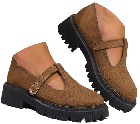 Mary Jane Chaussures classiques à bride en T pour femme Chaussures plates en cuir PU Chaussures habillées pour le travail de bureau, marron, 41 EU