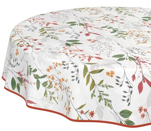 Nappe en Toile cirée Lavable, Facile d'entretien, imperméable, Effet Lotus, pour Table de Jardin, Naturelle, Ronde, 140 cm, avec Ourlet (bordée)