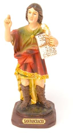 Genérico San Pancracio Estatua Religiosa Católica, Figura Decorativa en Verde y Rojo, Base Marrón, 11 Centímetros, Ornamento de Santo con Escritura y Detalles Dorados