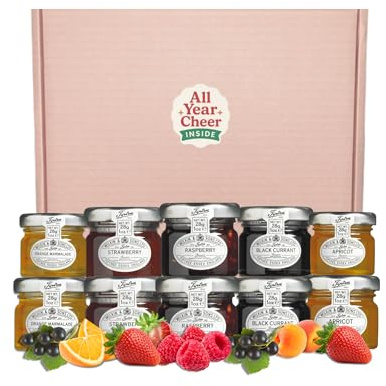 All Year Cheer Mini Jam Gift Set – 10 x 28g Tiptree Preserve Selection | Strawberry, Raspberry, Blackcurrant, Apricot & Orange Marmalade | Luxury Breakfast Taster Box | Foodie Gift for All Occasions