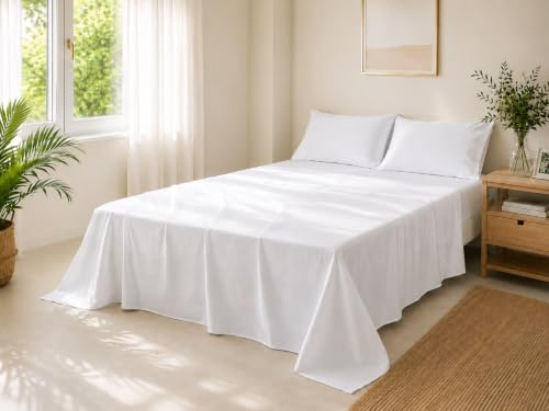 Jomy Juego de sabanas 150 x 190/200 cm Algodon de 300 Hilos Blanco sábana encimera + sábana Bajera Ajustable + 2 Fundas de Almohada 50 x 75 cm 100% Algodon Blanco sábanas Frescas