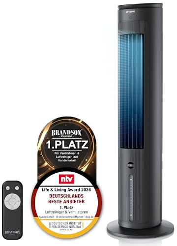 Brandson - Turmventilator mit Wasserkühlung - Preisträger 2026 - Verdunstungskühler - Luftkühler - Ventilator - mobile Klimaanlage ohne Abluftschlauch - 5 in 1 - leise - 4,7 L Wassertank - schwarz