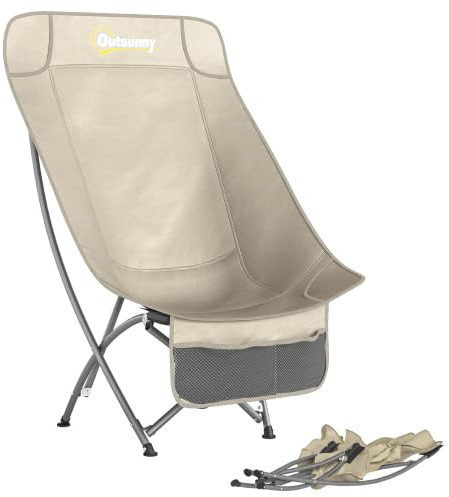 Outsunny Portable Camping Chair for Adults Heavy Duty Camp Seat Khaki | Folding Chair, Side Pocket, Carry Bag, Outdoor, Fishing, Patio, Balcony