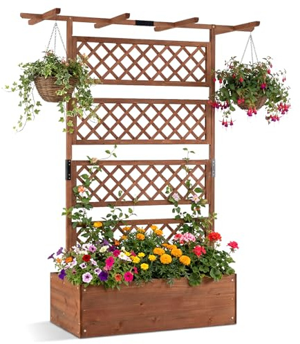 COSTWAY Jardinera con Enrejado de Madera, Jardinera con Celosía, Techo Plano y Sistema de Drenaje, Macetero Grande Exterior para Plantas Trepadoras, Macetas Colgantes, Jardín, Terreza, 100x55x183 cm