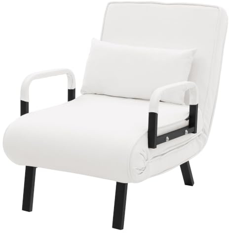 ML-Design Bäddsoffa med Sängfunktion, 3-i-1 Fåtölj med Sovfunktion, Hopfällbar Bäddfåtölj, Fåtölj med Justerbart Ryggstöd, Vikbar Sovfåtölj, Gästsäng med Stålram, Chenilletyg för Vardagsrum Vit