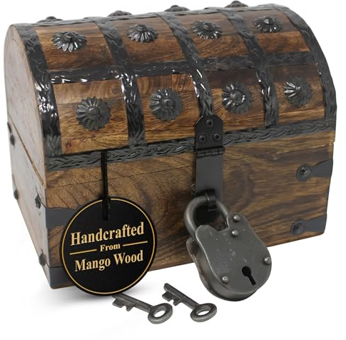 Nautical Cove Handmade Pirate Treasure Chest for Kids Prizes & Classroom with Lock and Skeleton Keys – Lockable Wooden Storage Chest Box, Pirate Decor, Decorative Wooden Box - (Small 8 x 6 x 6)