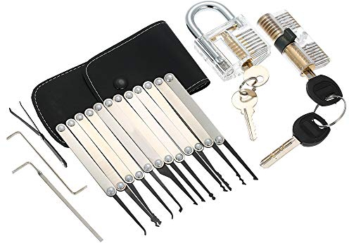 Decdeal Dietrich Set 15 Stück Lock Picking Set Kit Tool mit 2 Transparenten Praxis Training Vorhängeschloss Schloss für Schlosser Anfänger und Profis