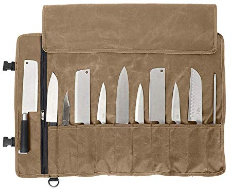 QEES Sacoche à Couteaux De Chef Professionnel 11 Compartiments Sac à Couteaux en Toile Cirée Etui à Couteaux Pour Camping Randonnée Travail Kaki