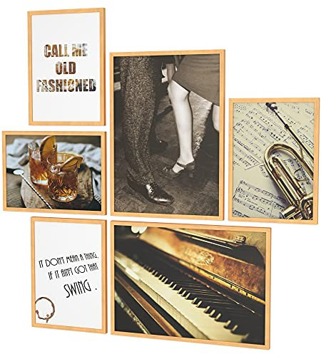 Papierschmiede® Mood Poster Set Jazz, Fertiges Bilder Set mit Rahmen (Holz, Natur), Wohnzimmer Deko Schlafzimmer, 2x DIN A4 und 4x DIN A5, Musik Klavier Trompete Braun Vintage