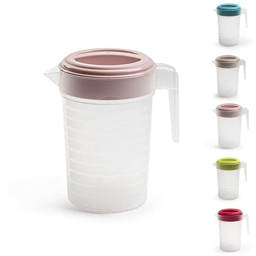 Pichet de réfrigérateur fin en plastique de 2 L avec couvercle | Pichet à eau sans BPA avec bec verseur et poignée | Récipient de rangement pour jus de fruits, lait et boissons (couvercle rose)