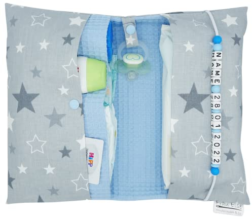 Große Windeltasche für unterwegs mit Namen personalisiert - für Jungen - Wickeltasche mit Waffelpique - Sterne grau hellblau
