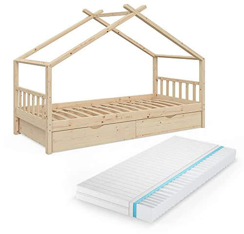 VitaliSpa Hausbett Design, Naturholz, 90x200 cm | mit 2 Schubladen und Matratze, mit Rausfallschutz und Lattenrost für sicheres Schlafen