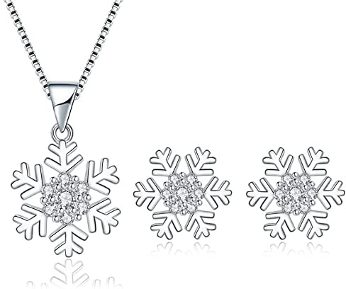 Loutade Silber Weihnachten Schmuck Set Damen, 925 Sterling Silber Schneeflocke Halskette & Ohrstecker Set, Silber Schneeflocke Weihnachts Schmuckset, 45cm Silberkette mit Anhänger & Ohrstecker Set