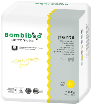Bambiboo Baby Windeln Pants Größe 4 (9-14 kg) COTTONWEAR Panty Höschen mit Bio-Baumwolle und Pflanzenstoffen mit Feuchtigkeitsindikator atmungsaktiv - 22 stk.