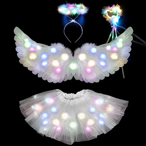 Tacobear Leuchtend Engel Kostüm Kinder mit 60cm Weiß Engelsflügel Federflügel Heiligenschein Engel Haarreif Zauberstab LED Tutu Tüllrock Mädchen für Halloween Fasching Karneval Cosplay