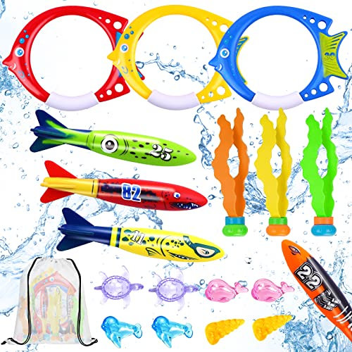 DTYDECLE 18pcs Diving Pool Toys, Swimming Pool Toys Set with Diving Rings, Diving Torpedo, Diving Seagrass, Marine gem Underwater Training Diving Game Toys for Kids Summer Swimming Pool Party