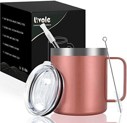 Livole Edelstahl Camping Becher, 12oz Trinkbecher mit Deckel und Strohhalm, Doppelwandig Thermotasse 350ml, Vakuum Thermobecher mit Henkel, Coffee to go Becher, Isolierter Outdoor Tasse, Roségold