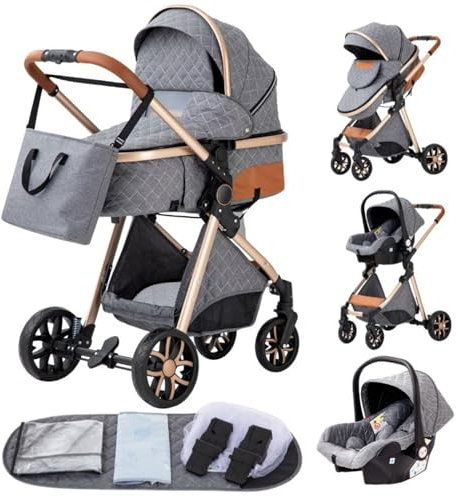 YAZOCO kinderwagen 3 in 1 Buggy Babybett Komplett Set Einem Klick Zusammenklappbarer Kinderwagen, KombiKinderwagen Aluminiumrahmen für Neugeborene Sitzzubehör (4 grau)