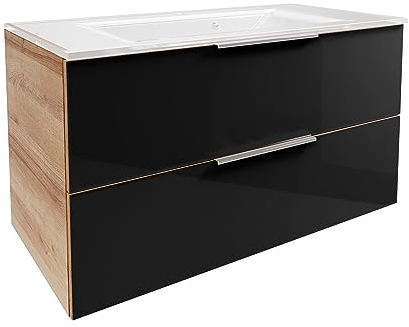 B.Brillant Waschbeckenunterschrank – inklusive weißem Waschbecken aus Glas – Hängend und Front aus lackiertem Glas – Badschrank in Anthrazit & Eiche (100 x 56 x 50 cm)