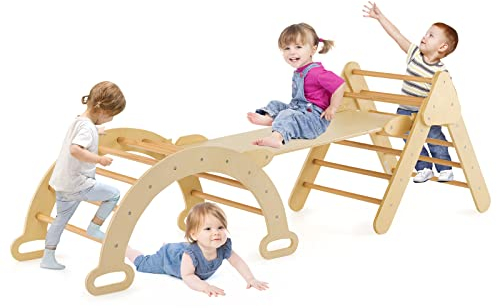 RELAX4LIFE 4 in 1 Triangolo da Arrampicata con Scivolo per Bambini, Arco da Arrampicata e Scala per Arrampicarsi in Legno, Montessori Giocattoli Bimbi 2 3 4 5 Anni (Naturale)
