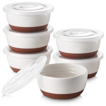 DOWAN Moldes para Soufflé con Tapas, 6 X 235ml Baking Moldes de Porcelana para Hornear Crema Catalana y Tartas, Cuencos de Postre, Apto para Horno y Freidora de Aire, Ø 11cm-Esmalte Moteada
