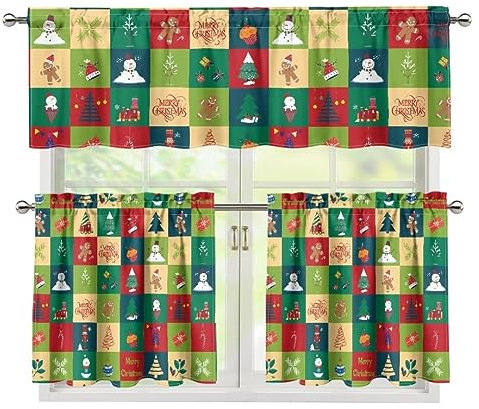 Jeiento Küchengardine und Volant, Set mit 3 weihnachtlichen Themen, Puzzle, Lichtfilterung, 61 cm Länge, Ebene und Volant, Weihnachten, Wohnzimmer, Vorhänge, Fensterdekorationen