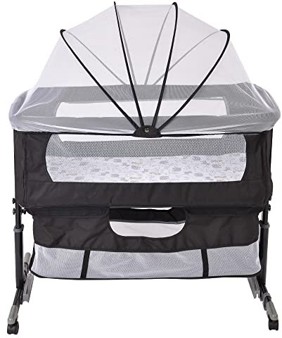 XUANYU Babybett und Babywiege, Beistellbett Baby mit Rollen, Matratze und Moskitonetz, Reisebett Baby für Babys von 1 bis 36 Monaten, Matratzenstärke 2 cm (Schwarz C 92×58×(70-90) cm)