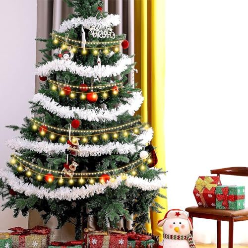 Hyakoz 6 Piezas Espumillon Arbol Navidad 2m Espumillón de Navidad Guirnalda de Oropel Navidad Espumillon Arbol Navidad Blanco Espumillon Decoración para Arbol de Navidad,Puertas,Escaleras(Blanco)