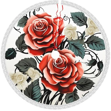 Floral Rose Efeu with Leaves Spring Christmas Tree Skirt 121,9 cm Xmas Tree Skirt Gorgeous Edge Tassel Christmas Tree Mat for Holiday Party Christmas Decorations for Xmas Tree Christmas Ornaments