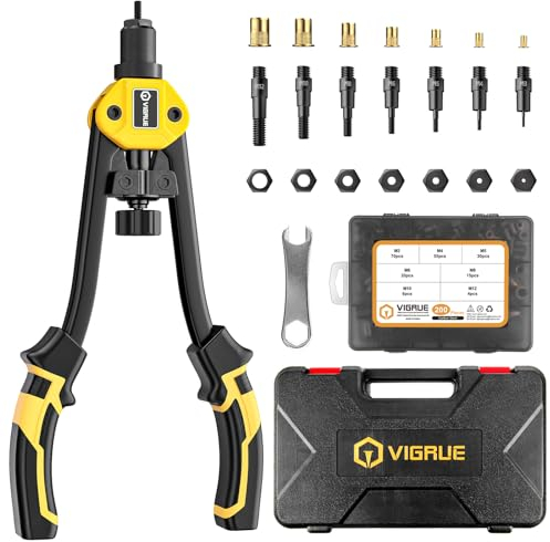 VIGRUE Nietmutternzange Nietmuttern set | 200 tlg Gewindehülsen Set | UNIVERSELL passend für Nietzange | 7 Austauschbare Nietdorne und Tragetasche Dorne in M3 M4 M5 M6 M8 M10 M12 Gewinde Nuss Nieten