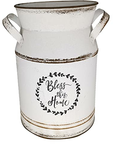 OUNONA Rustic White Country Style Flower Vase and Bouquet Pot, Small 13.5x20cm European Milk Can Flower Holder for Home Ornament and Table Centerpiece Decor