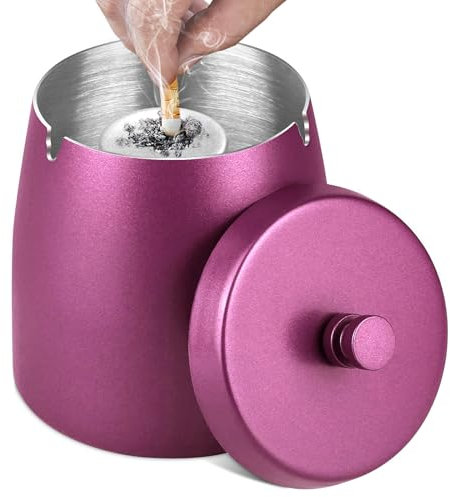 Aschenbecher mit Deckel (12 * 10 * 12cm), Edelstahl Aschenbecher für Draussen, Sturmaschenbecher als Windaschenbecher, Standaschenbecher mit Rutschfest Boden für Draußen und Innen - Rose Red